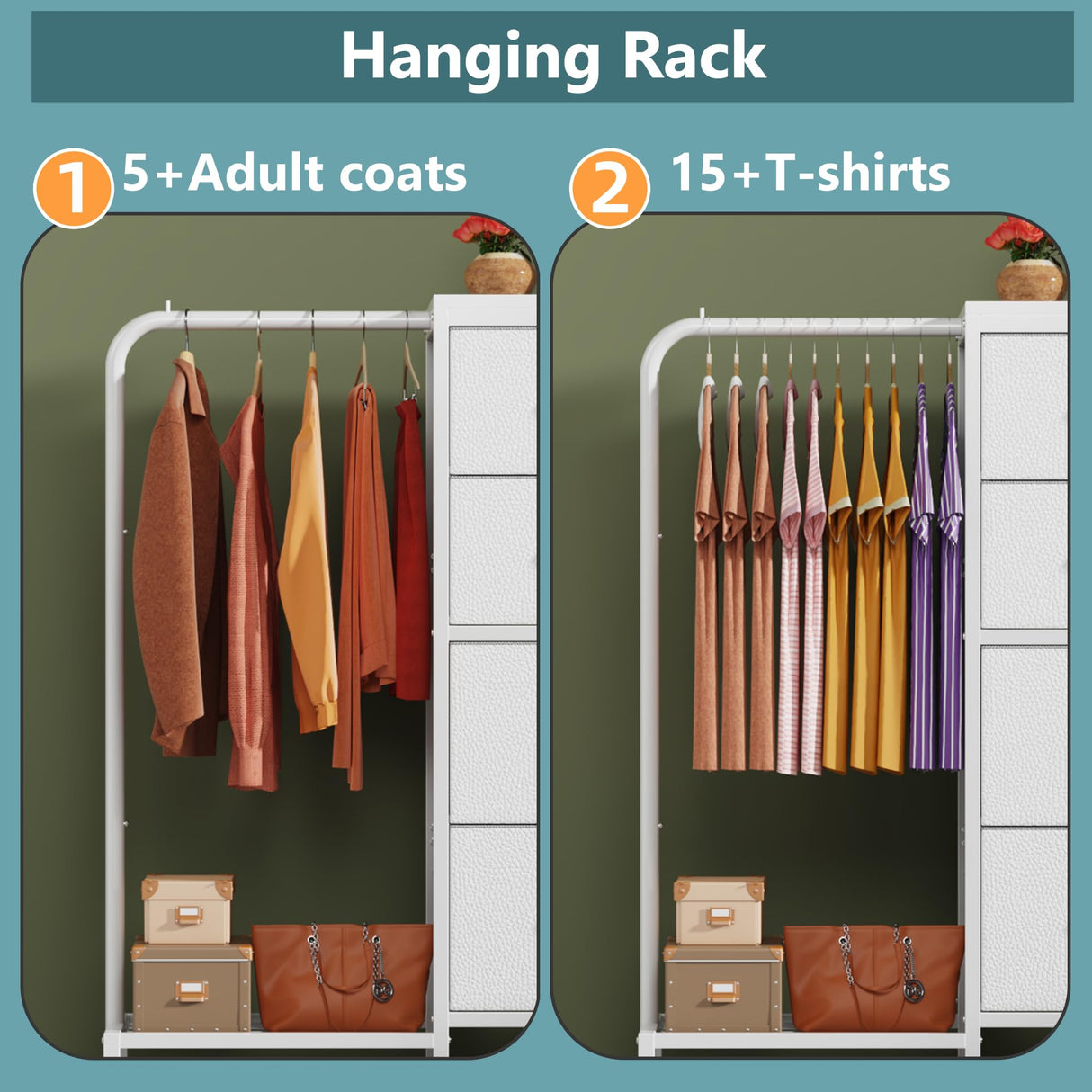 HIGDBFE Dresser with Hanging Rack, 4 Drawers Small Dresser for Bedroom, Reversible Fabric Kids Chest of Drawers for Closet with Clothes Rack, Tall Storage Tower, Sturdy Frame, White, 44''H HIGDBFE