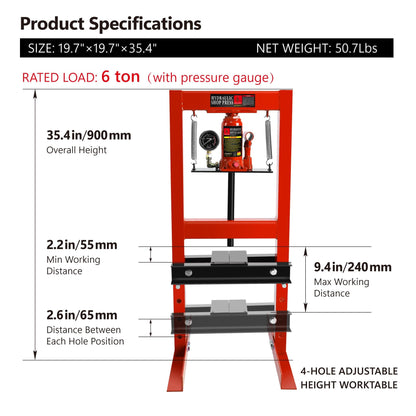 6 Ton Hydraulic Shop Press, Heavy Duty H-Frame Carbon Steel Body Garage Floor Adjustable Shop Press with Visible Pressure Gauge, Working Height 2.2" to 9.4" red - WoodArtSupply