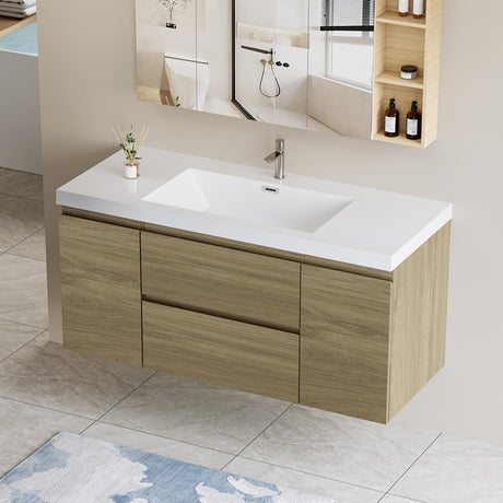 Floating Vanity Bathroom, 48 Inch Bathroom Vanity with Sink, Wall Mounted Single Sink Bathroom Vanity, Soft Closed 2 Drawers, Integrated Sink (Natural Oak) VUMALL