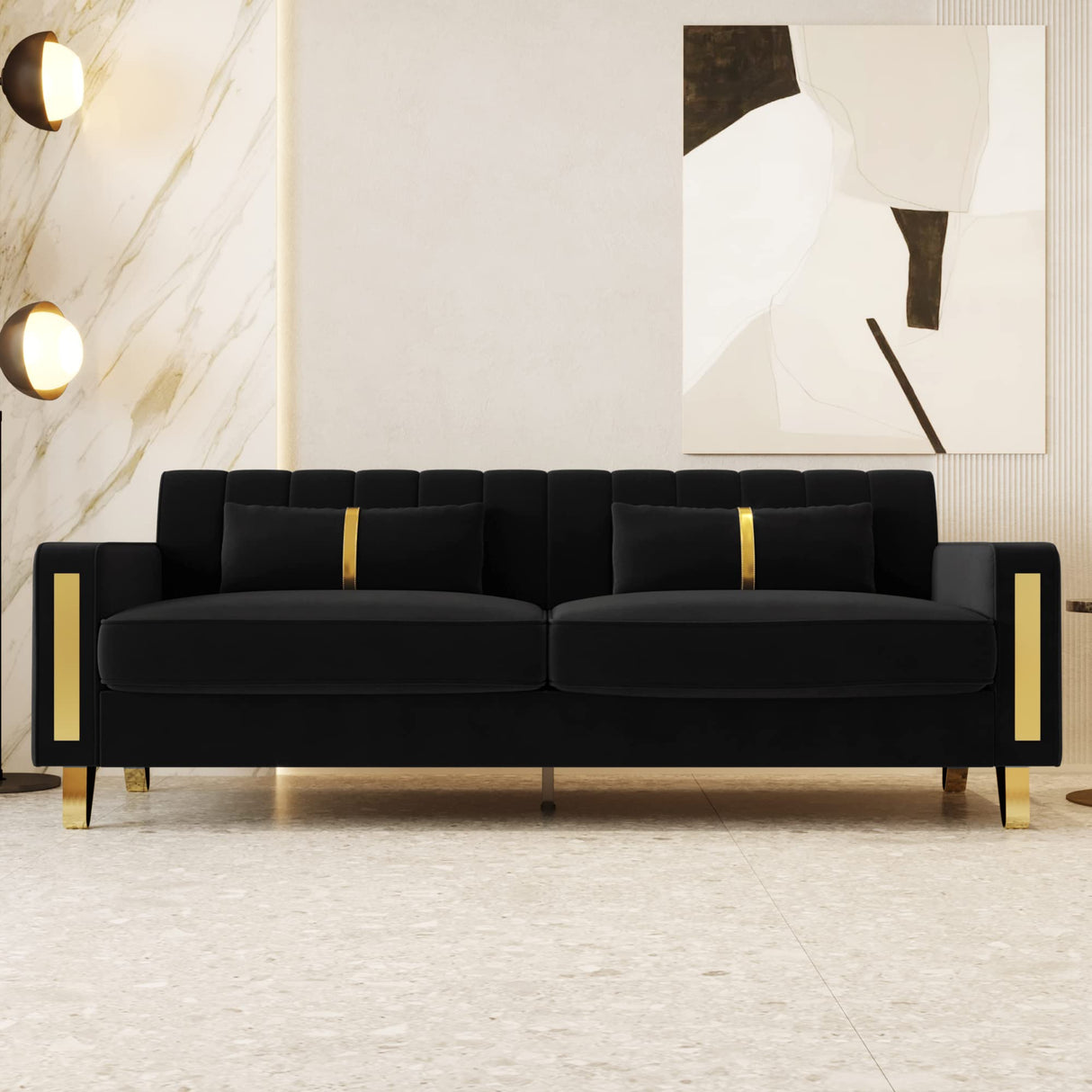 yunqishi 85.63" Modern Black Velvet Sofa with Gold Metal Legs Large Upholstered Comfy 3 Seater Couches for Living Room Bedroom Office (Black) yunqishi