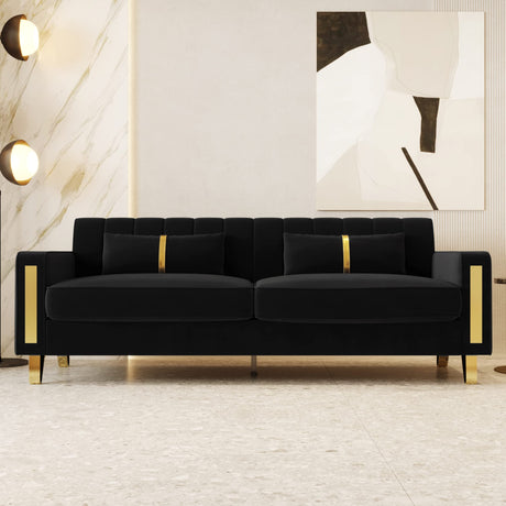 yunqishi 85.63" Modern Black Velvet Sofa with Gold Metal Legs Large Upholstered Comfy 3 Seater Couches for Living Room Bedroom Office (Black) yunqishi