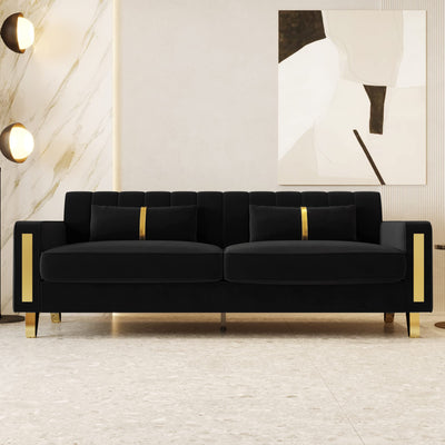 yunqishi 85.63" Modern Black Velvet Sofa with Gold Metal Legs Large Upholstered Comfy 3 Seater Couches for Living Room Bedroom Office (Black)