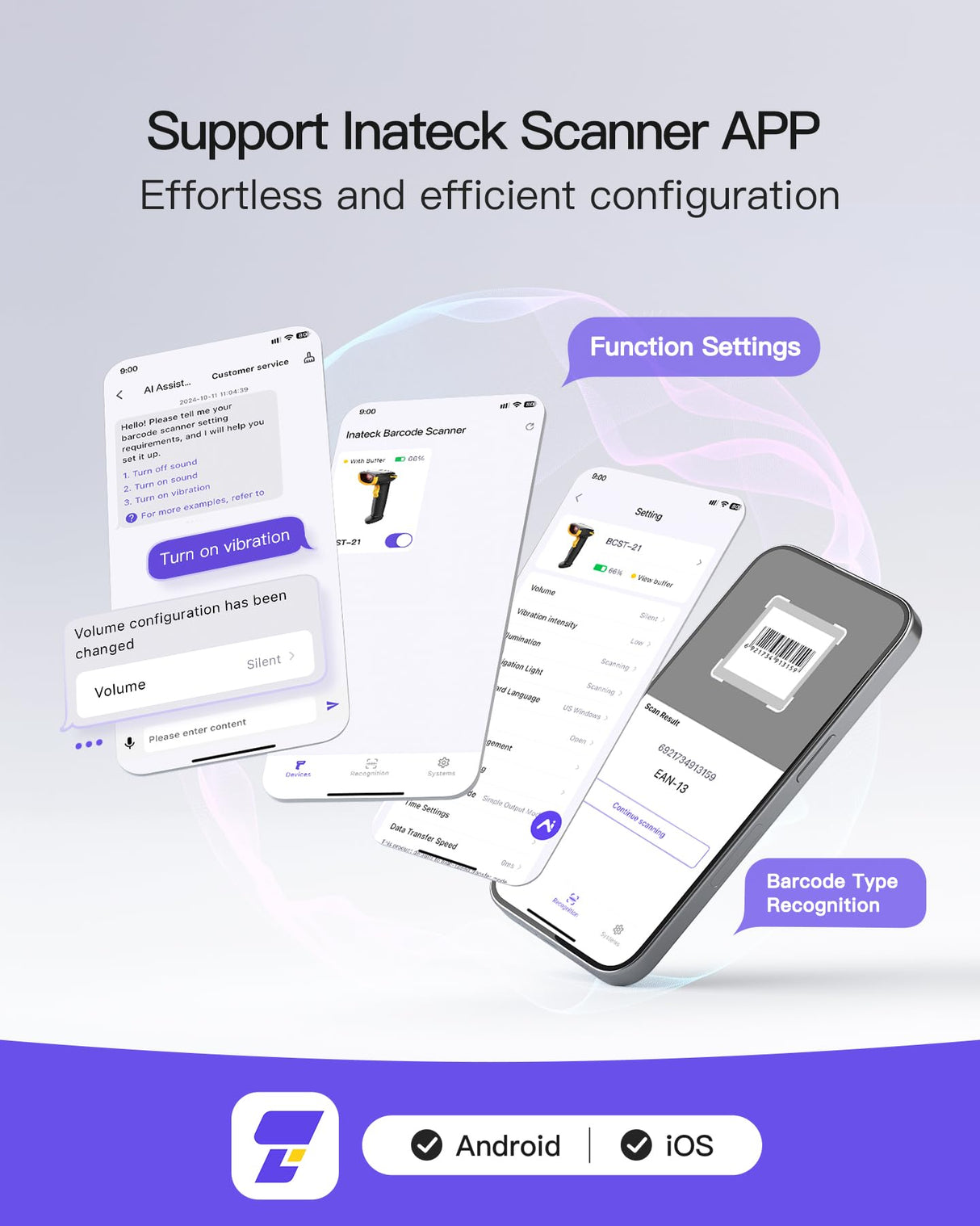 Inateck Wireless Barcode Scanner, Bluetooth Bar Code Scanner, 1D USB Barcode Reader Handheld, 1 Charge 3 Months, Scanner Barcode with APP and SDK Inateck