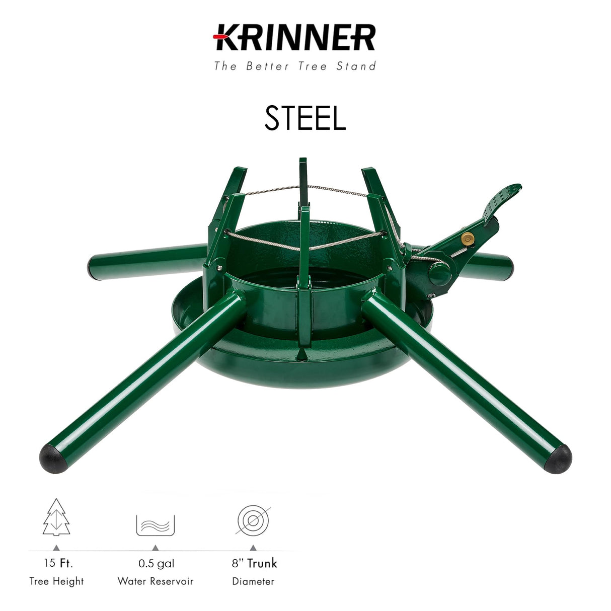 KRINNER Christmas Tree Genie Steel - Green Tree Stand - Original Single Cable Operation, Holds up to 15 ft Live Trees - Foot Pedal Setup & Water Reservoir - 4 Stabilizing Feet, German Made Krinner