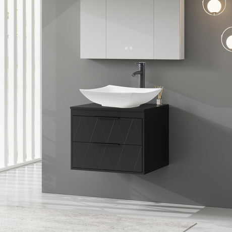 eclife 24" Bathroom Vanities Cabinet with Sink Combo, Wall Mounted Floating Cabinet w/Decor Lines, White Curved Ceramic Vessel Sink W/ORB Water Save Faucet & Pop Up Drain, Black eclife