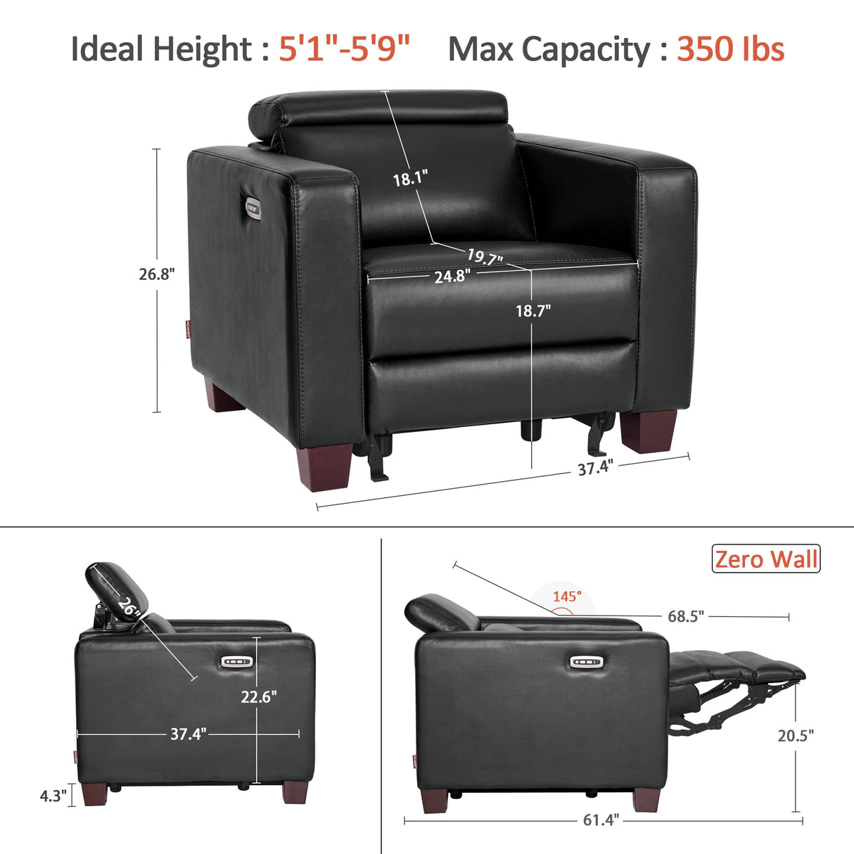MCombo Zero Wall Recliner Chair, Wall Hugger Power Recliner Chair with Adjustable Headrest, High Wood Leg, USB & Type C Dual Charge Ports, for Living Room, Small Spaces, HL128 (Faux Leather, Black) MCombo