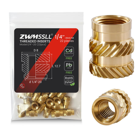 Zwmssll 1/4'' Threaded Inserts,1/4-20 Heat Set Insert,22 Pieces 1/4 20x12.7x8 Knurled Nuts,Brass Threaded Inserts for Plastic and 3D Printing Components ZWMSSLL