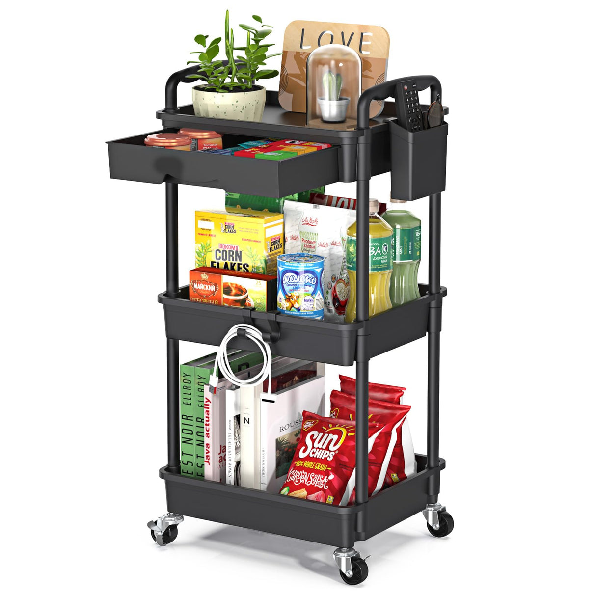 EaseSky Rolling Utility Cart with Drawer 3 Tier, Utility Storage Organizer with Plastic Shelf & Lockable Wheels Multifunctional Storage Cart for Kitchen, Bathroom, Office, Living Room, Black EaseSky