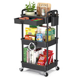EaseSky Rolling Utility Cart with Drawer 3 Tier, Utility Storage Organizer with Plastic Shelf & Lockable Wheels Multifunctional Storage Cart for Kitchen, Bathroom, Office, Living Room, Black EaseSky