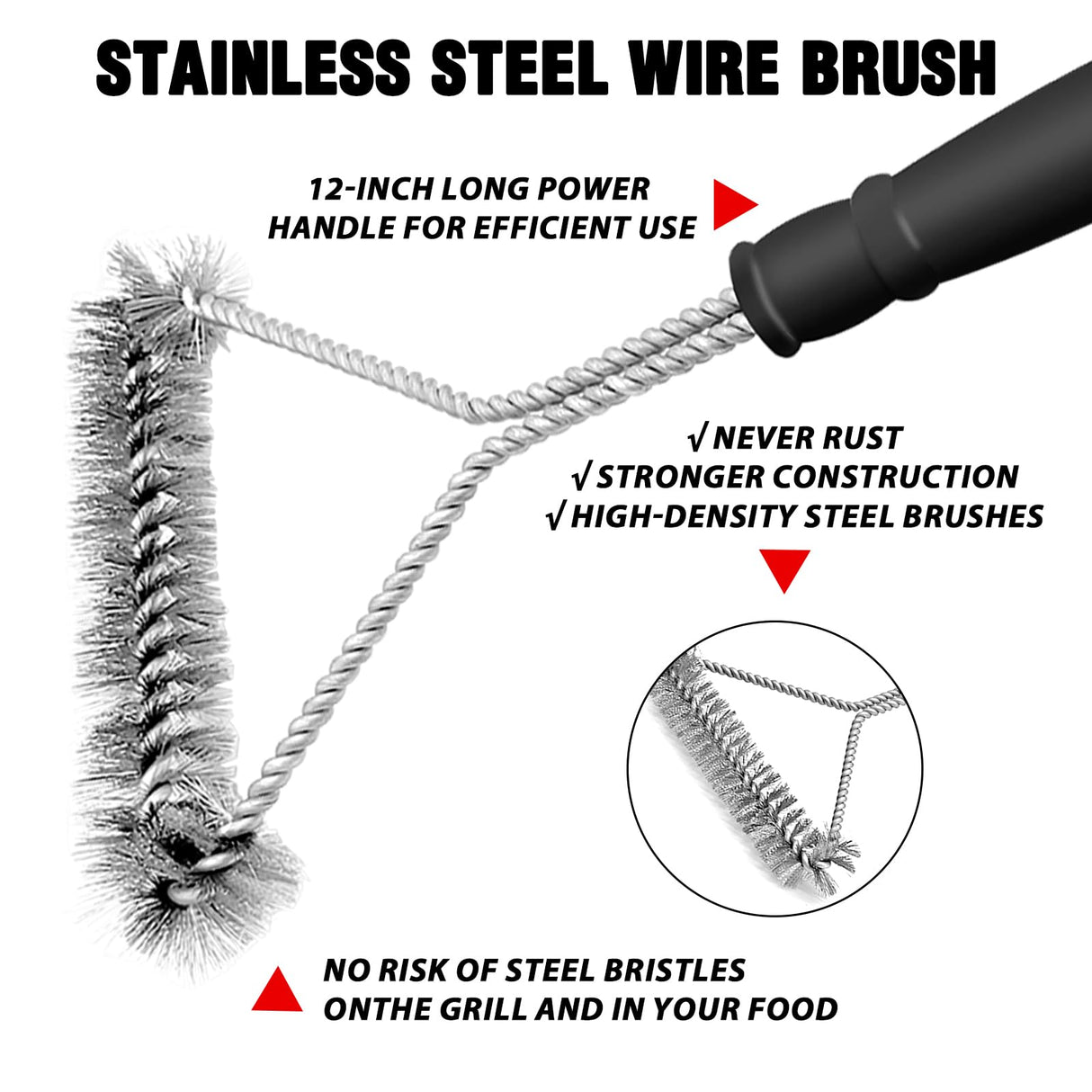 12 in Long Handle Barbecue Brush, BBQ Brush, Stainless Steel Brush Head, Barbecue Cleaning Brush with Lanyard, Suitable for All Kinds of Metal, Porcelain, Infrared Barbecue Grill WAKCHOU