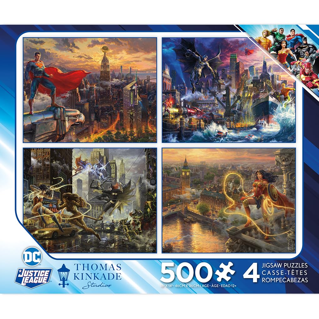 Ceaco - 4 in 1 Multipack - Thomas Kinkade - DC Comics - Justice League (4) 500 Piece Jigsaw Puzzles Ceaco