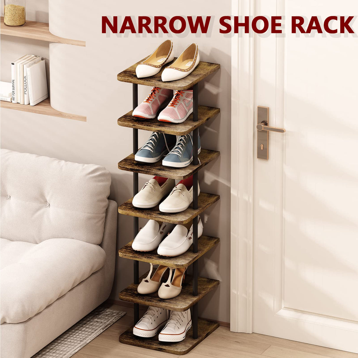 AZERPIAN Shoe Rack 7 Tier Vertical Storage Organizer Narrow Metal Slim Shelf Modern Free Standing Shoe Tower Saving Space for Closet Entryway Bedroom,Black+Rustic Brown AZERPIAN