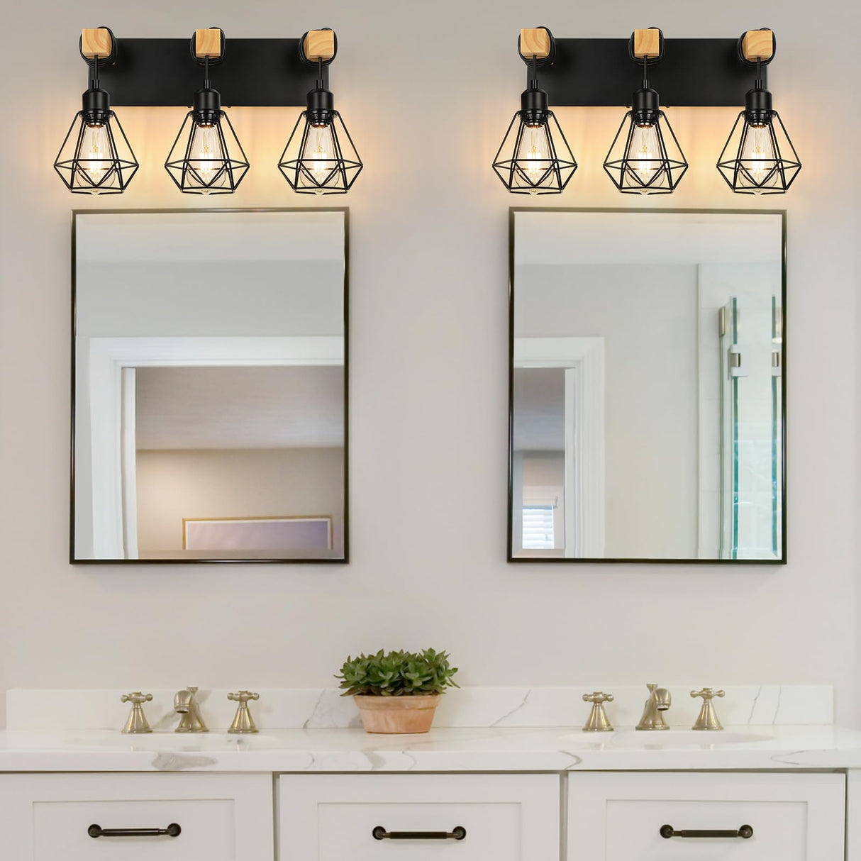 foucasal Farmhouse Bathroom Vanity Light Fixtures, 3-Light Bathroom Light Fixtures Over Mirror, Rustic Wood Sconces with Metal Cage Lampshade, Black Wall Lighting for Living Room, Bedroom, Hallway foucasal