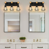 foucasal Farmhouse Bathroom Vanity Light Fixtures, 3-Light Bathroom Light Fixtures Over Mirror, Rustic Wood Sconces with Metal Cage Lampshade, Black Wall Lighting for Living Room, Bedroom, Hallway foucasal