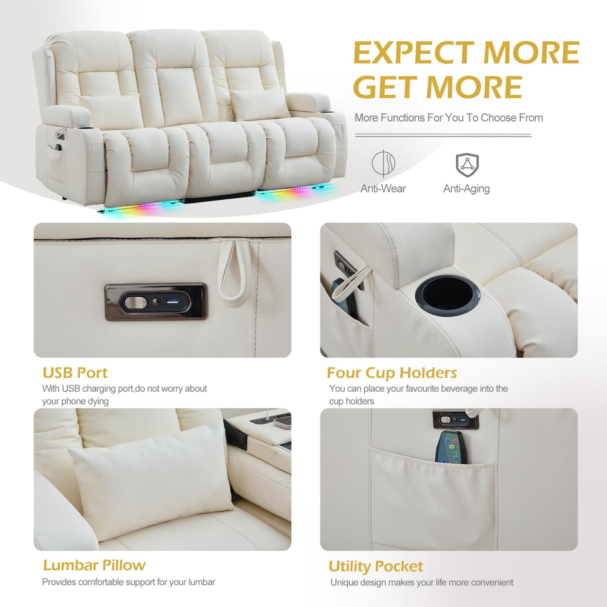 SENIFIS Loveseat Recliner Sofa, Leather Sofa with Massage & Heating, Home Theater Seating Power Reclining Loveseat with Outlet/LED Light/Cup Holders/Lumbar Pillows (Beige, 3 Seat) SENIFIS