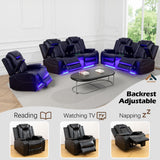 JBXBER Power Recliner Sofa Set with LED Lights, Black Leather Reclining Couch Sets with Storage Console, USB Ports, Cup Holder, Home Theater Seating, Living Room Furniture(2 Loveseats and a Chair) JBXBER