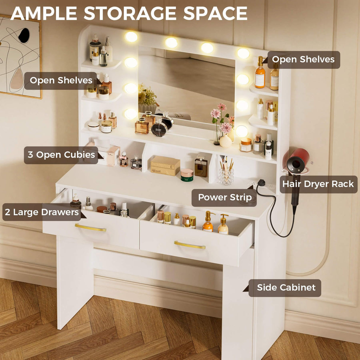 COMHOMA Vanity Desk with Lighted Mirror and Power Outlet, RGB LED Lights Makeup Vanity Set for Girls, Large Storage Capacity Dressing Table for Bedroom, 3 Lighting Modes Adjustable Brightness, White COMHOMA