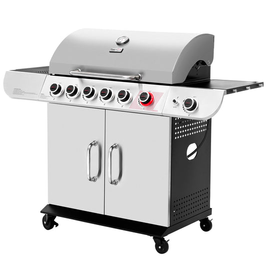 Royal Gourmet SG6002R 6-Burner Propane Grill with Sear Burner and Side Burner, Stainless Steel Cabinet Style Gas Grill with 71,000 BTU Output, for Outdoor Patio Garden Picnic Backyard Cooking, Silver