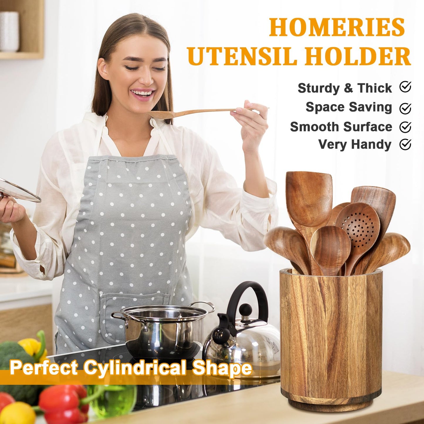 Wooden Utensil Holder for Kitchen Counter - 360° Rotating Acacia Cooking Utensil Holder ＆ Large 7.2"x 6" Round Utensils Holder Organizer with Wood Spoon Holder for Countertop Farmhouse Kitchen Decor