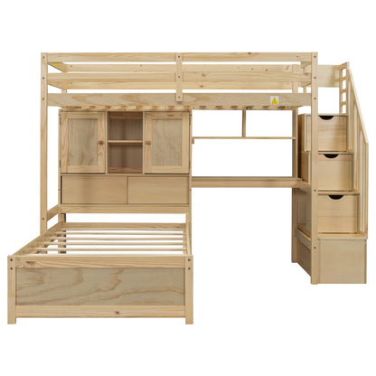 Harper & Bright Designs Twin Size Loft Bed with Built-in Desk and Staircase, Wood Twin Over Twin Bunk Bed with Storage Compartments and Shelves, L-Shaped Design, Natural