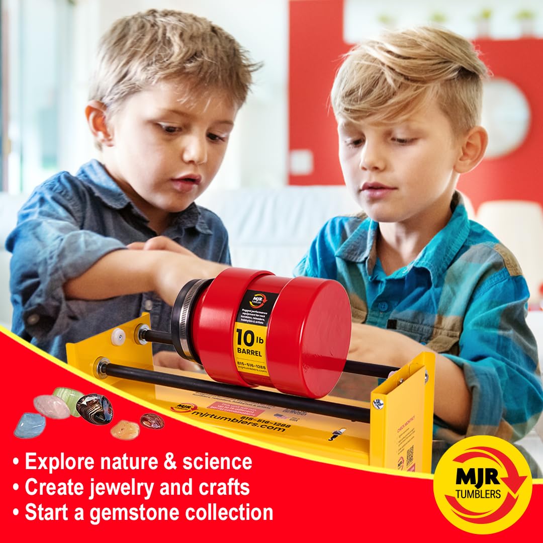 MJR Tumblers Commercial Duty 10lb Rock Tumbler w Free Grit Kit. Capable of Running 4 Different Barrel Sizes and Combinations. Extreme Quality and Durability. A USA Disabled and Veteran Owned Company. MJR Tumblers