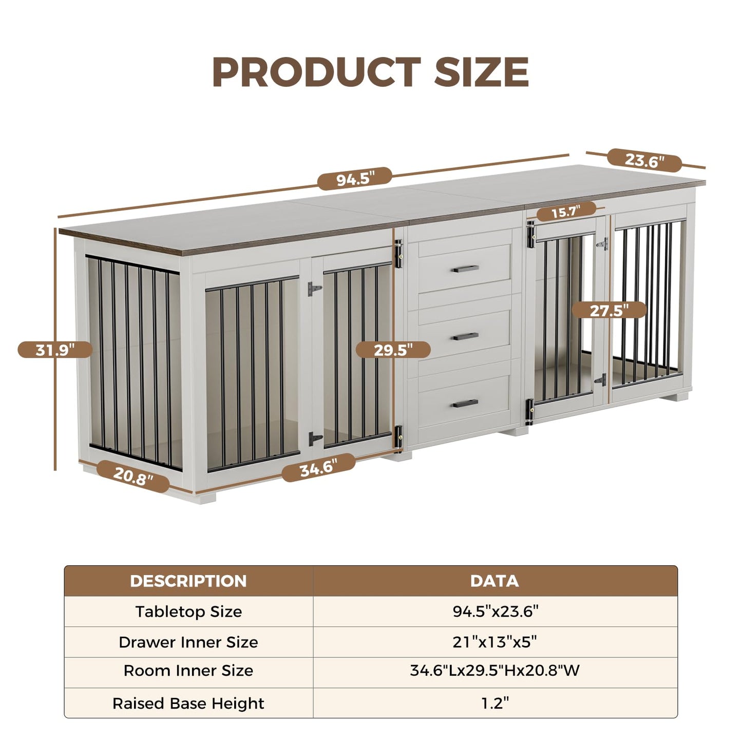 ADOFFUR 94.5" Large Dog Crate Furniture for 2 Dogs, Wooden Double Dog Kennel Furniture with 3 Drawers, Heavy Duty Indoor Furniture Style Dog Crate/TV Stand - White