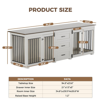 ADOFFUR 94.5" Large Dog Crate Furniture for 2 Dogs, Wooden Double Dog Kennel Furniture with 3 Drawers, Heavy Duty Indoor Furniture Style Dog Crate/TV Stand - White