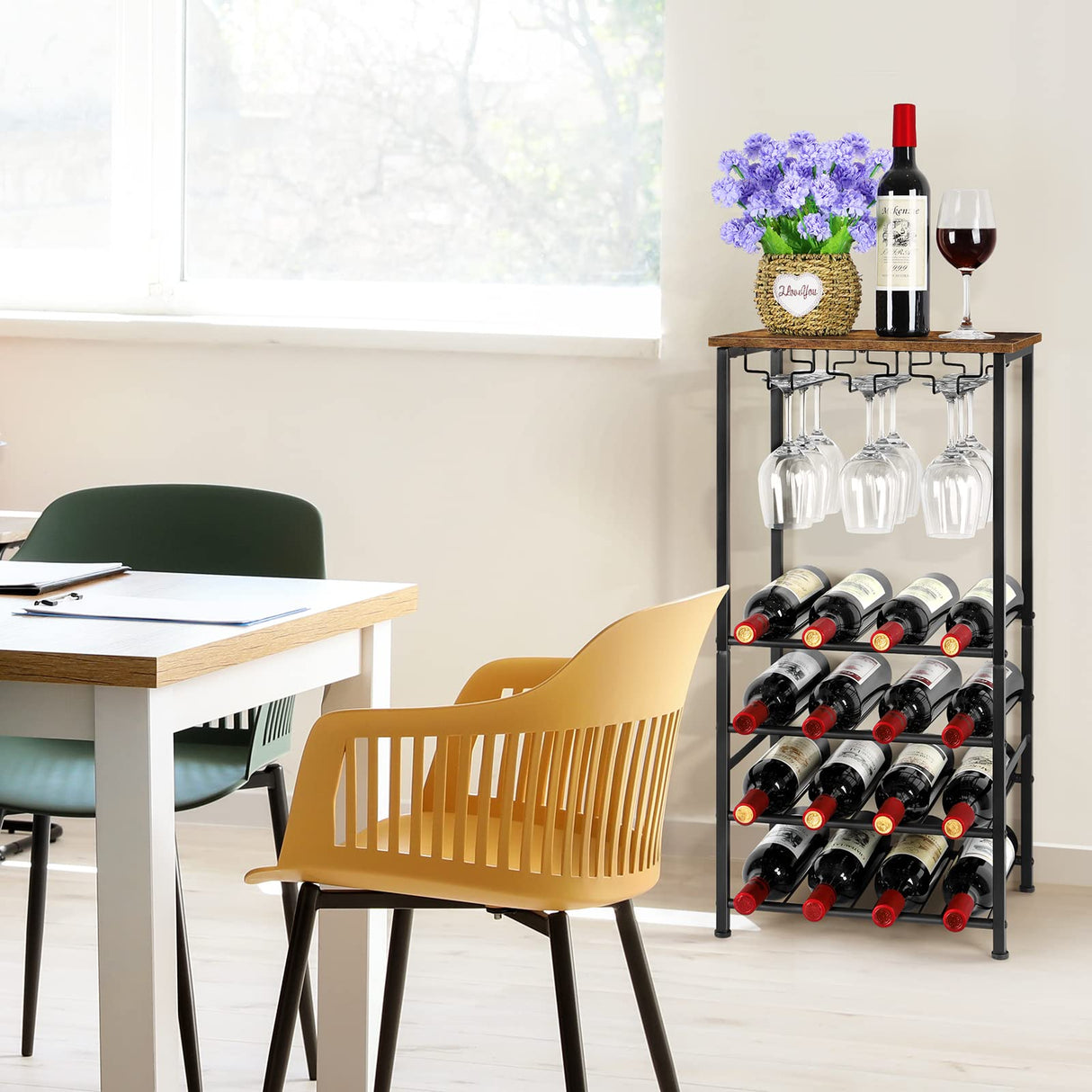Wine Rack Freestanding Floor, Rustic Wine Holder Stand with Wine Storage and Bottle Shelf, 16 Bottles Floor Wine Rack Shelf for Kitchen Dining Room, Office, Bar, Rustic Brown OYEAL