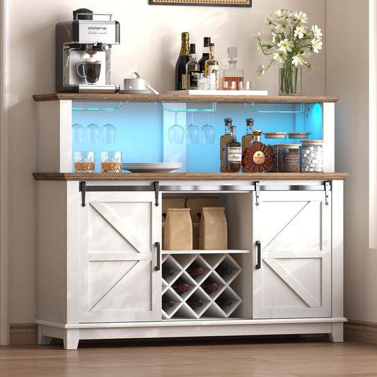 AMERLIFE 55" Farmhouse Coffee Bar Cabinet with LED Lights, Buffet Cabinet with Storage & Wine Racks, Home Liquor Cabinet with Adjustable Shelves & Sliding Barn Doors, Rustic White