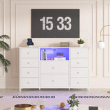 LDTTCUK Dresser with Charging Station and LED Lights, Long Dresser for Bedroom Dresser TV Stand with 10 Drawers, Fabric Chest of Drawers with PU Finish, Wide Dresser Storage Organizer, White LDTTCUK