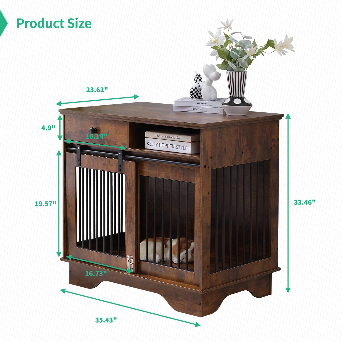 DISHUP 35" Furniture Style Dog Crate, Wooden Dog Crate with Storage Drawers, Indoor Dog Kennel Furniture End Table with Sliding Doors for Small/Medium Dogs,Heavy-Duty, Rustic Brown - WoodArtSupply