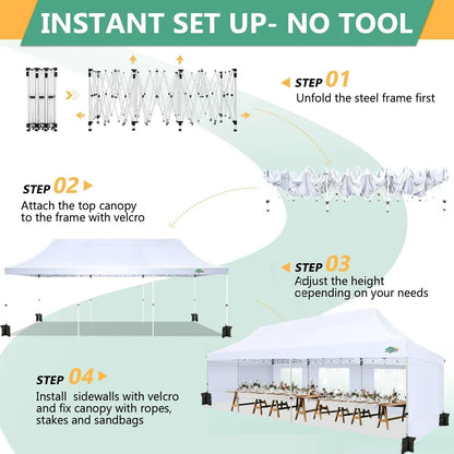 COBIZI 10x30 Pop Up Canopy Tent with 5 Removable Sidewalls, Easy Setup Canopy with Roller Bag & Sandbags，Waterproof and UPF50+ Gazebo Tent, Outdoor Gazebo for Party Wedding Events Tent(White