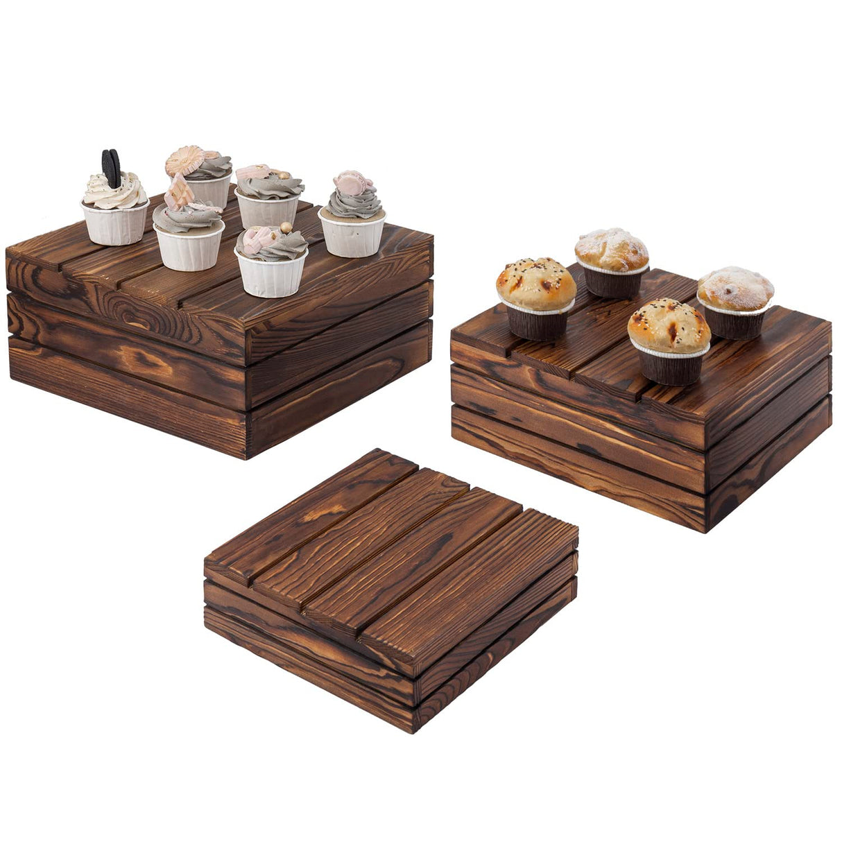 MyGift Rustic Burnt Dark Brown Solid Wood Reversible Stackable Display Box Riser Stands or Decorative Square Crate Style Nesting Storage Bins, 3-Piece Set MyGift