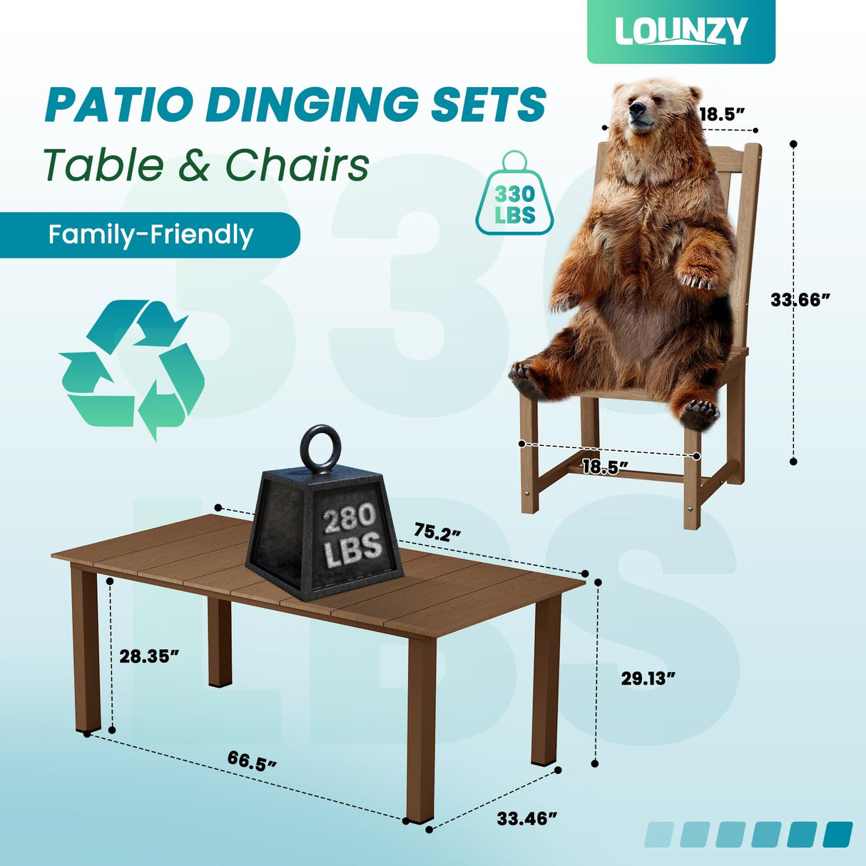 LOUNZY 9 Pieces Patio Dining Sets, Outdoor HDPE Furniture Set for 8 w/ 2" Hole Cut-Out Dining Table with 8 Patio Chairs(2 W/Armrest, 6 w/o Armrest), Brown LOUNZY
