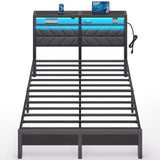 Seventable Bed Frame Full Size with Charging Station, LED Bed with Upholstered Storage Headboard, Metal Platform Bed with Under Bed Storage, No Box Spring Needed, Noise Free, Easy Assembly, Grey Seventable