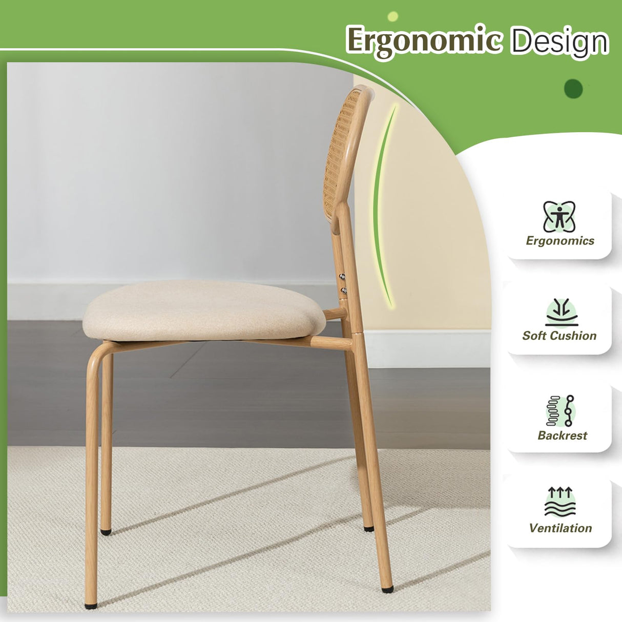 COSVALVE Boho Dining Table Chairs Set of 4, Tempered Glass Tabletop with Rattan Decor, Upholstered Cane Dining Chair with Rattan Back Metal Legs, for Dinner Living Room Reception COSVALVE