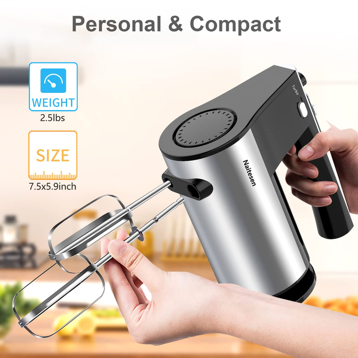 600W Electric Hand Mixer Kitchen Handheld Mixer 10 Speed Powerful with Turbo for Baking Cake Lightweight & Personal Electric Mixer with Egg Baking Beaters Dough Hooks, Whipping Mixing Cookies Naitesen