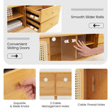 Giantex Bamboo TV Stand for 55 60 65 Inch TV, PE Rattan Entertainment Center with Sliding Doors, Drawers, Open Shelves, 5 Solid Wood Legs, 2 Cable Holes, TV Console Table for Living Room, Bedroom Giantex