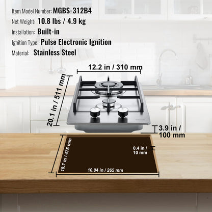 VEVOR 12 inch 2 Burners Cooktop Max 12250BTU Built-in Stainless Steel Stove Top LPG/NG Convertible Dual Fuel Natural Gas Hob with Thermocouple Protection for Outdoor, Kitchen, Camping, RV