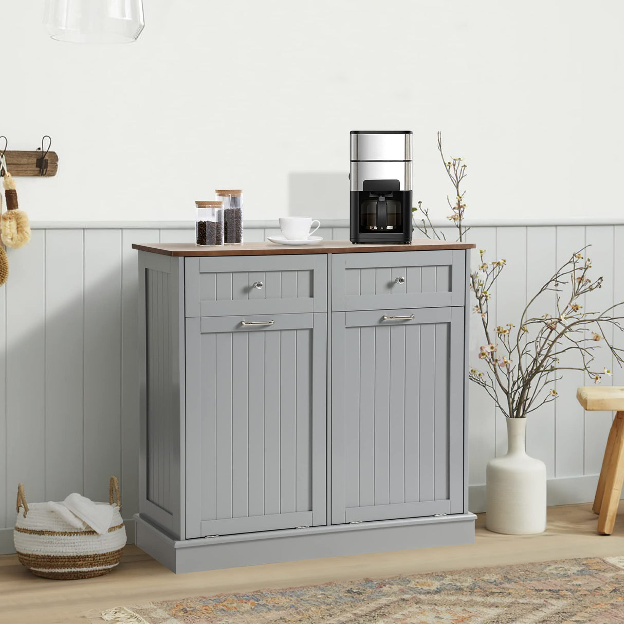 KIGOTY Dual Kitchen Trash Cabinet, Double Tilt Out Trash Can Cabinet with Countertop and Drawer, Free-Standing Pet Proof Recycling Cabinet Garbage Can Holder (Gray, 36" H) KIGOTY