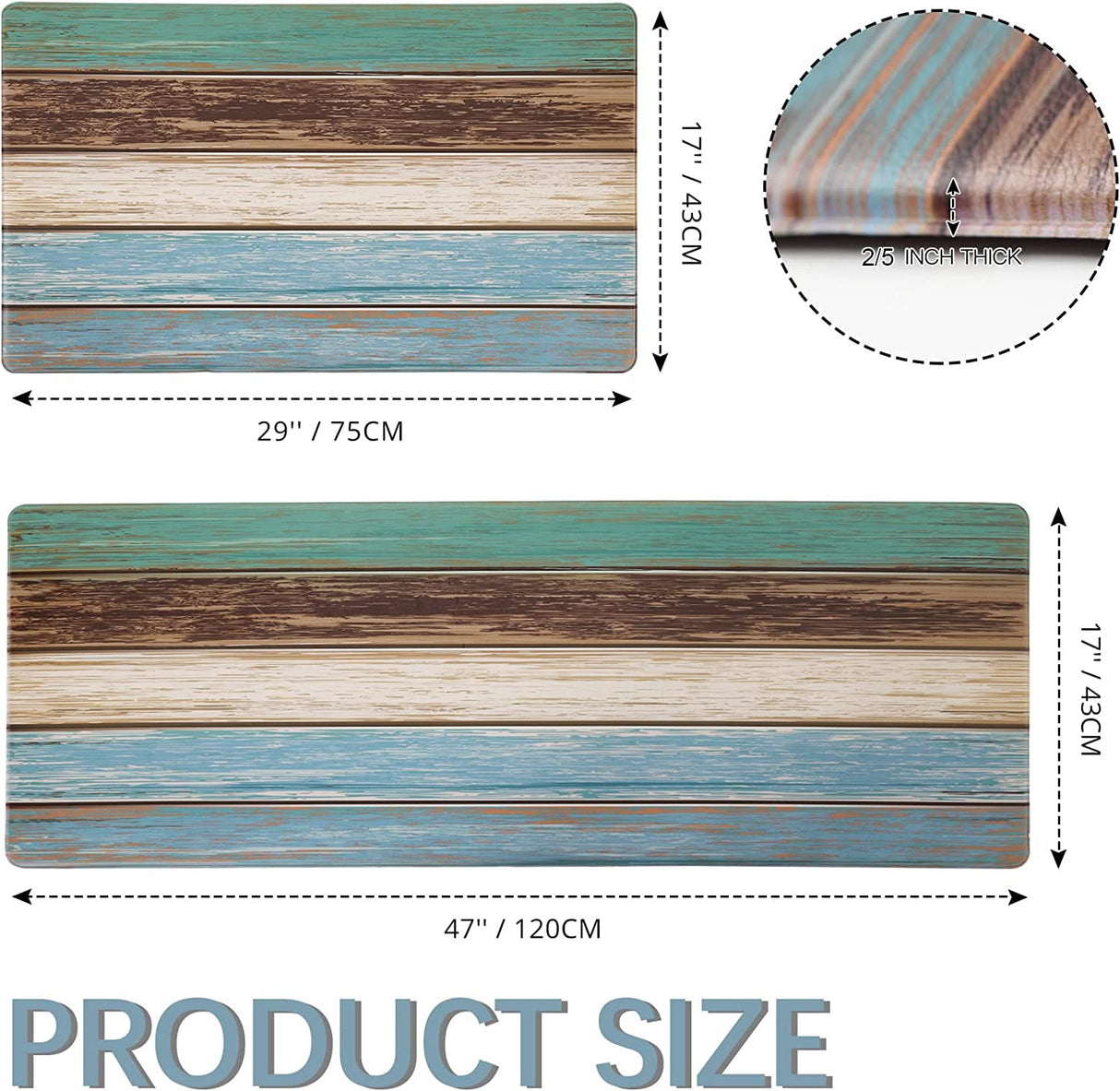 MAYHMYO Kitchen Rugs and Mats Set of 2 Teal Farmhouse Anti Fatigue Mat PVC Non Slip Retro Rustic Wood Texture Kitchen Mats for Floor,17.3 x 29 x 0.4 inch + 17.3 x 47 x 0.4 inch MAYHMYO