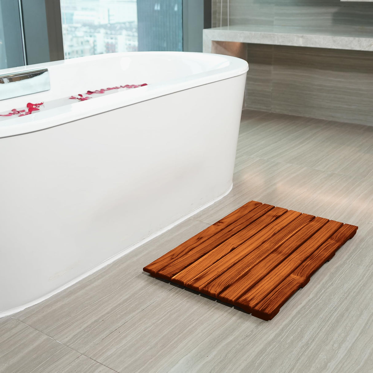 VaeFae Teak Shower Mat, Non-Slip Bath Mat, Luxury Spa Mat, Wooden Mat for Bathtub (Large) VaeFae