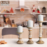 Pillar Candle Holders- Rustic White Hand Carved Mango Wood Candle Holders for Pillar Candles in Home, Living Room, Kitchen or Table Centerpiece Set of 3 Candlestick Holders- 6", 9", 12" for Home Decor Luxe Designs