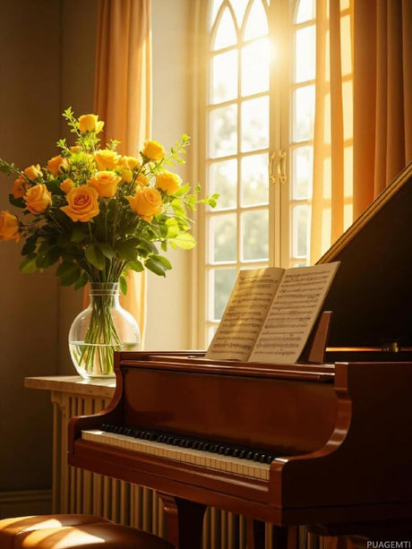 Sunlit Piano Yellow Roses Elegant Diamond Art Kits for Adults, 5D DIY Full Drill Diamond Painting Kits for Adults Beginners, Diamond Painting Kit for Wall Home Decor (No Frame) 12x16 Inch PUAGEMTI