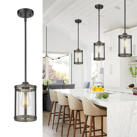 Osimir Farmhouse Pendant Light Fixtures, 1-Light Black Glass Pendant Lights for Kitchen Island, Industrial Rustic Mini Hanging Lighting with Rod, Wood Finish, Adjustable Length, OS-3014 Osimir