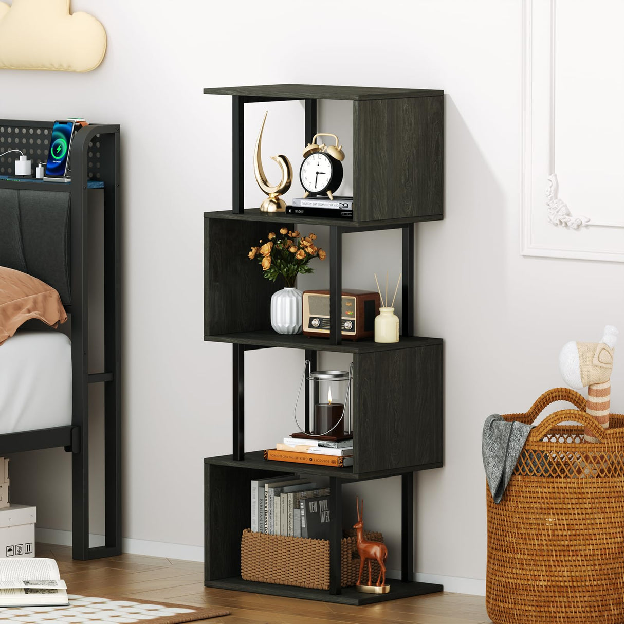 Furologee Geometric Bookshelf 5 Tier Bookcase, Industrial S-Shaped Display Storage Shelf for Small Space, Tall Metal Wood Decorative Standing Shelves for Bedroom, Living Room, Office, Black Oak Furologee
