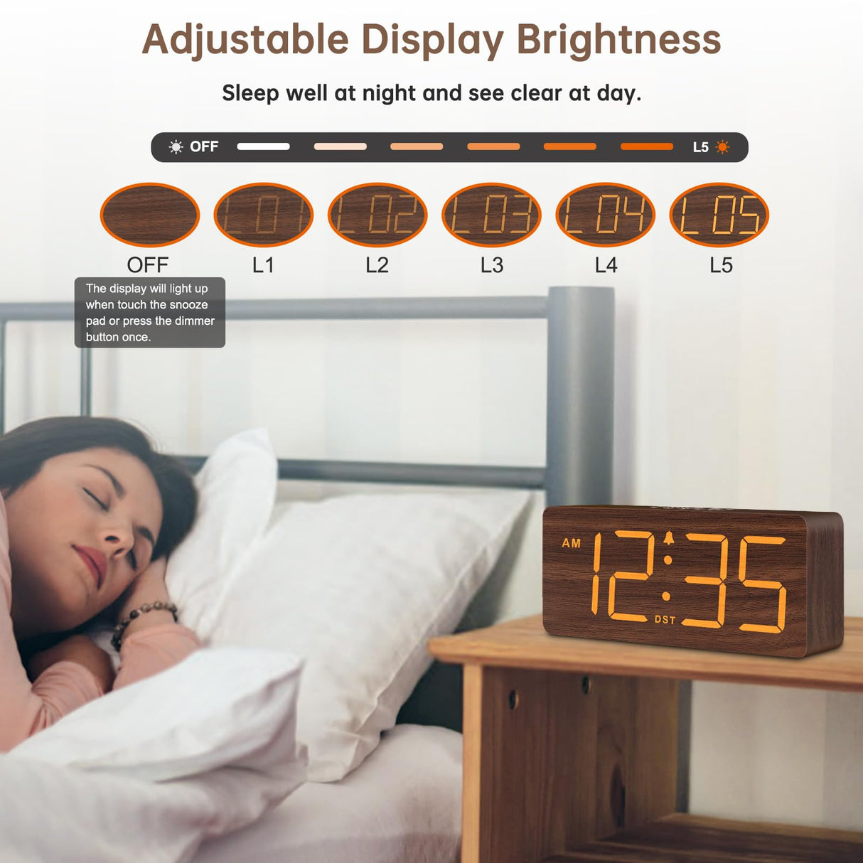 DreamSky Wooden Digital Alarm Clock for Bedroom - Desk Clocks with Large Numbers for Living Room, Office, Dimmer, USB Port, Loud Alarm for Heavy Sleepers with Volume Control, DST, Wood Decor & Gifts DreamSky