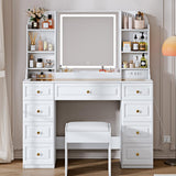 Arulvmrn 42" Makeup Vanity Desk with Mirror and Lights, & Power Outl, Glass Top Big Vanity Table with 9 Drawers& 8 Storage Shelves, Dressing Table Set with Chair for Bedroom, White Arulvmrn
