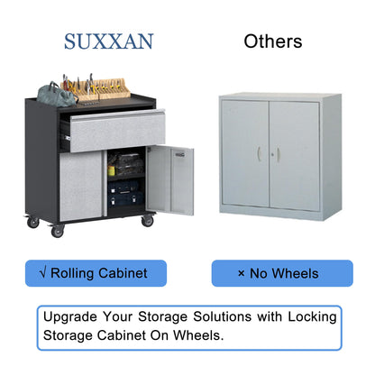 SUXXAN Metal Storage Cabinet with Wheels and Drawers, Metal Tool Cabinet with Wheels, Rolling Garage Cabinet with 2 Doors Adjustable Shelves, Assembly Required