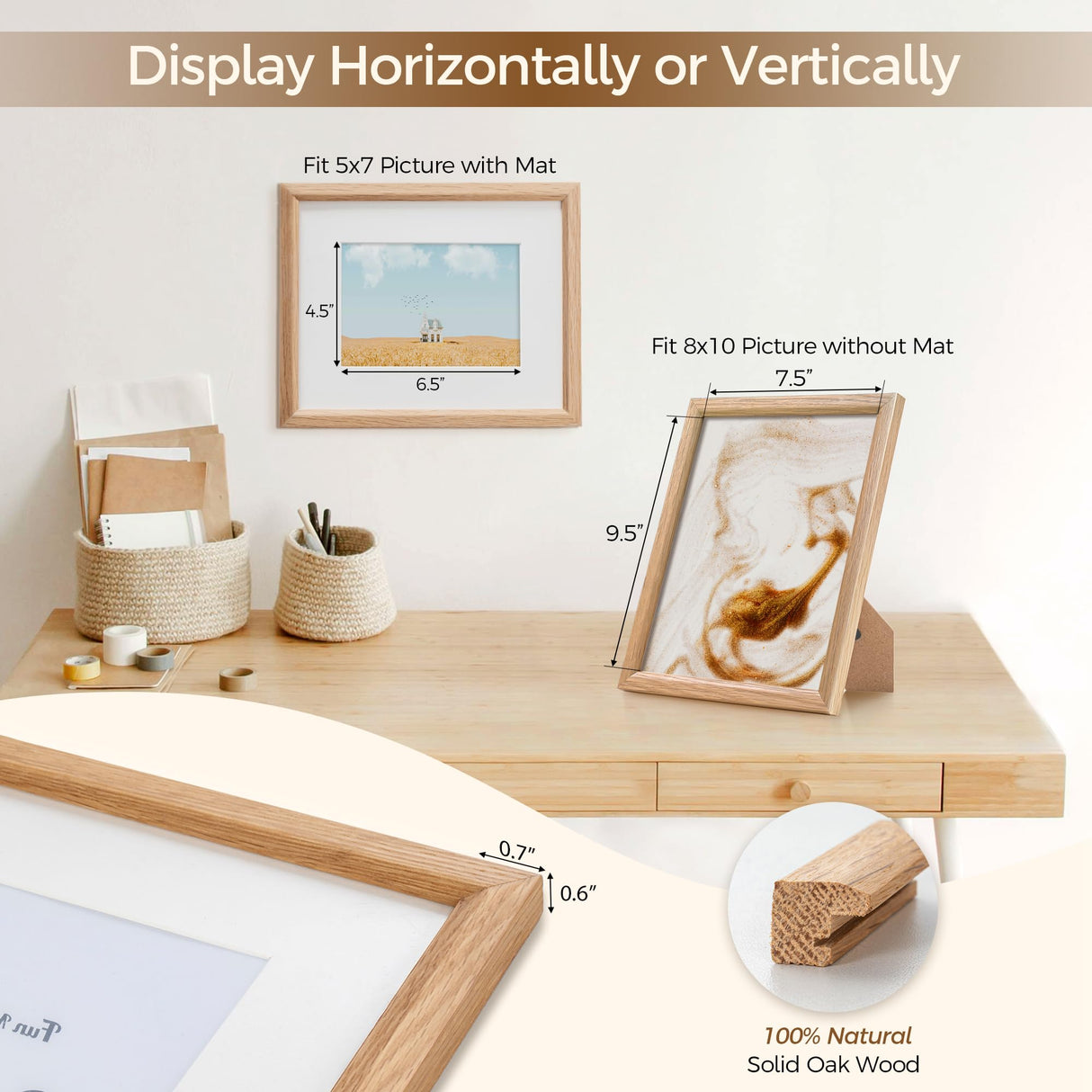 Fun Memories 8x10 Oak Picture Frame for Wall, 8x10 Frame with Matted to 5x7, Solid Wood Picture Frames for Wall Art Photo and Prints (Beige, 1 Pack) Fun Memories